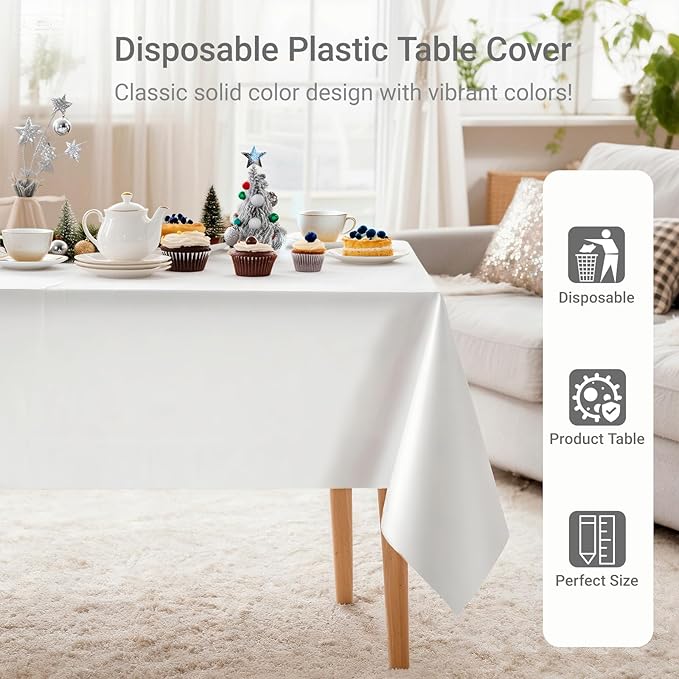 MRJ 4 Pack White Plastic Table Cloth 54 x 108 Inch Disposable Rectangle Waterproof Table Cover for Birthday Baby Shower Wedding