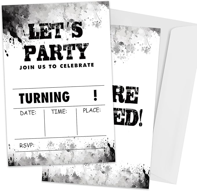 Black and White Ink Graffiti Style Birthday Invitations, Watercolor Invites for Girls Boys, 20 Pcs Double-Sided Fill In Invitations with Envelopes, Birthday Party Favor & Supplies 6 x 4 Inch