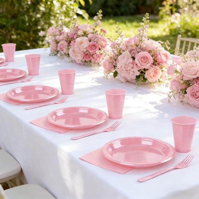 Pink Plastic Party Plates Set, Disposable Light Pink Plates and Napkins for Party, 50 of Each 9" Dinner Plate, Napkins, Cups & Cutlery Plastic Party Supplies for Birthday, Baby Shower, Wedding
