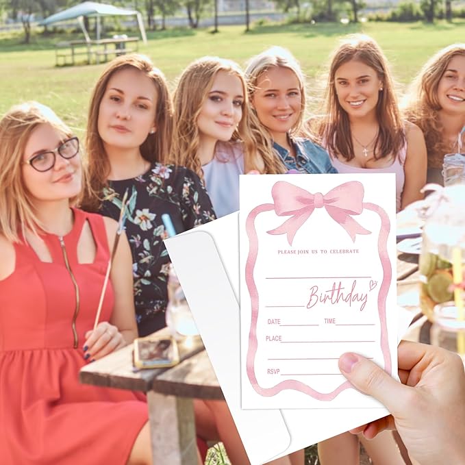 Pink Bow Birthday Invites Cards Party Invitation Cards for Girls Kids Adults Party Invitations 4x6 Inch Blank Invitations with Envelopes 20 Pcs Double Sided Invitation Card for Girls Birthday YT0081