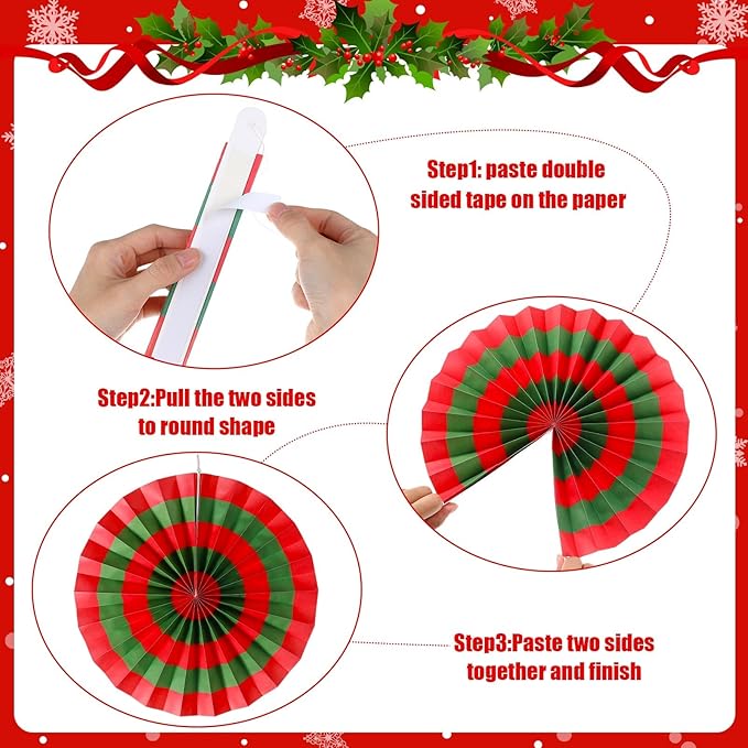 Outus 25 Pcs Christmas Party Decorations Supplies Merry Christmas Party Banner Green Red White Xmas Paper Fans Flower Pom Poms Hanging Swirls Pennant Circle Dots Garland for Xmas Birthday Decor