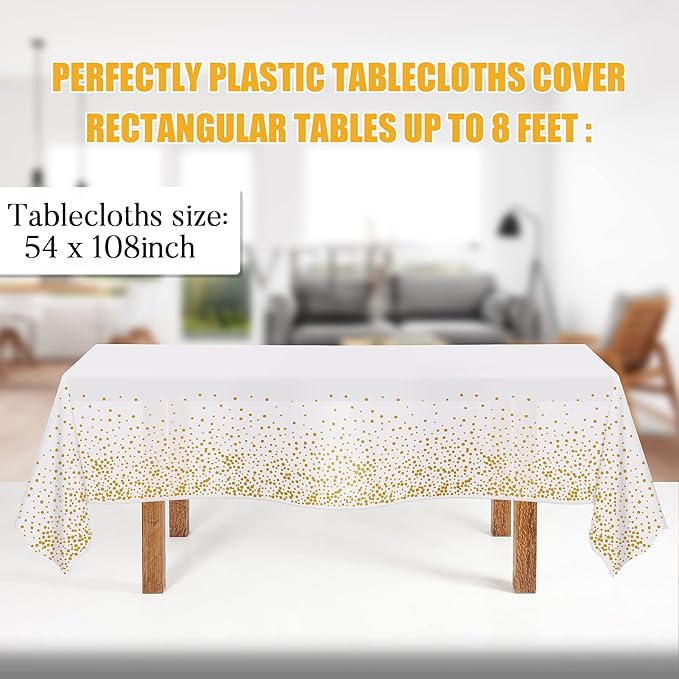 Tablecloths for Rectangle Tables,3 Pack 54" X 108" Plastic Table Cloth Disposable Table Covers Engagement Party Decorations, White Gold Dot Tablecloths Disposable Tablecloth for Weddings Buffet Tables