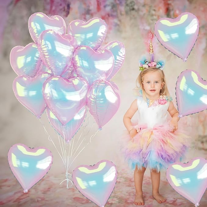 Iridescent Heart Balloons, 9PCS 18Inch Transparent Laser Heart Foil Balloon Large Gradient Crystal Iridescent Colorful Balloon for Birthday Wedding Easter Rainbow Mermaid Fantasy Theme Party Decor
