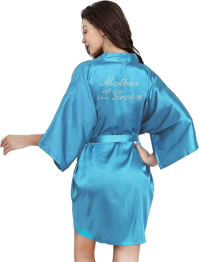 EPLAZA Women's One Size Silver Rhinestones Bride Bridesmaid Short Satin Robes for Wedding Party Getting Ready