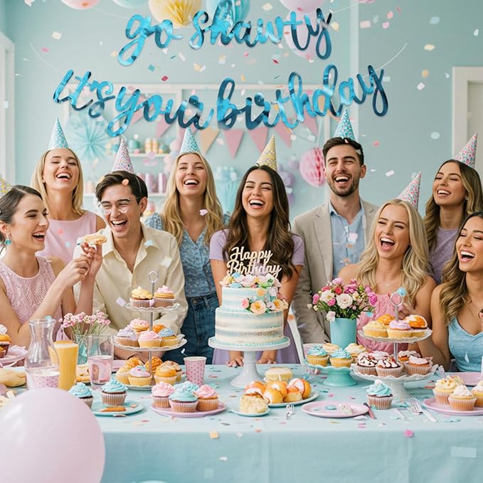 BEISHIDA Go Shawty It's Your Birthday Banner NO DIY Hip Hop Theme Happy Birthday Banner Pre-Strung Rap Theme Happy Birthday Sign for Man Women birthday Party Supply Double-Sided Bright Lake Blue