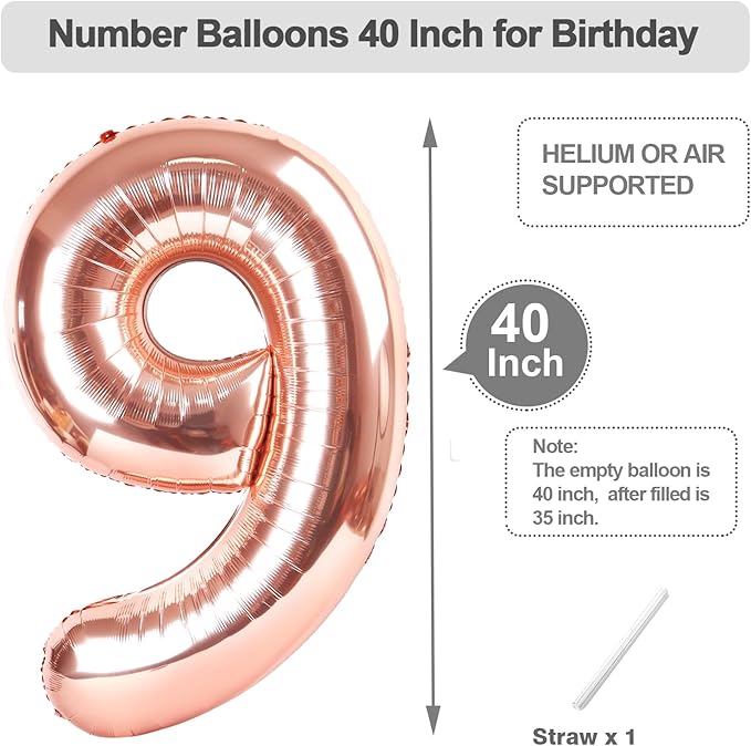 Rose Gold 9 Birthday Balloon, Large 40 Inch Happy 9 19 29 90 Birthday for Men And Women, Foil Balloons Decoratins for Wedding Anniversary, Single, New Year, Halloween Party Syupplies