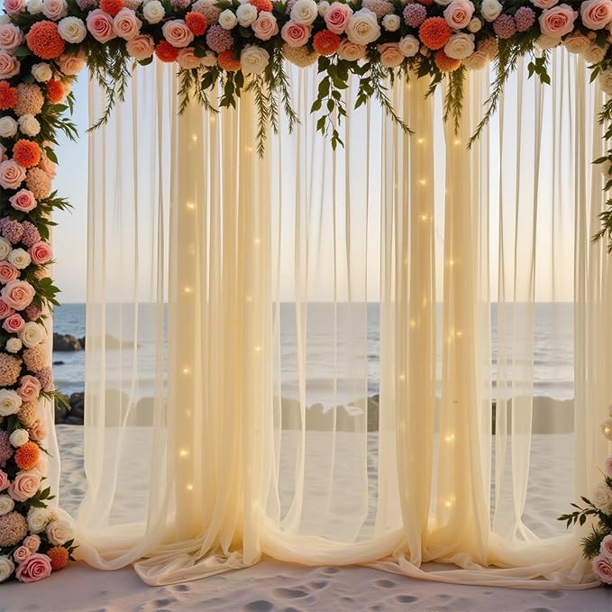 20 FT x 8 FT Champagne Backdrop Curtain - Tulle Backdrop Curtain with 9.8FT Lights String - Sheer Backdrop Curtains with 4 Inch Rod Pockets for Birthday Weddings Baby Shower Party Decorations