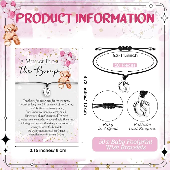 Thyle 50 Set Pink Bear Baby Shower Favors for Guests Adjustable Bracelets with Message from the Bump Card Footprints Charm Baby Shower Bracelets for Gender Reveal Thank You Gifts