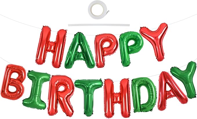 TONIFUL Red Green Happy Birthday Balloons Banner,16 Inch Mylar Foil Birthday Sign Banner for Girls Boys Kids & Adults Birthday Decorations Christmas Party New Year's Eve Supplies