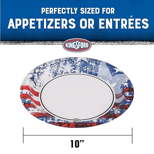 Kingsford Heavy Duty Paper Plates, Patriotic American Flag Disposable Dinner Plates for BBQ Parties, Tailgates, and Outdoor Cookouts, Durable Party Tableware, 10 Inch, 35 Count - 6 Pack