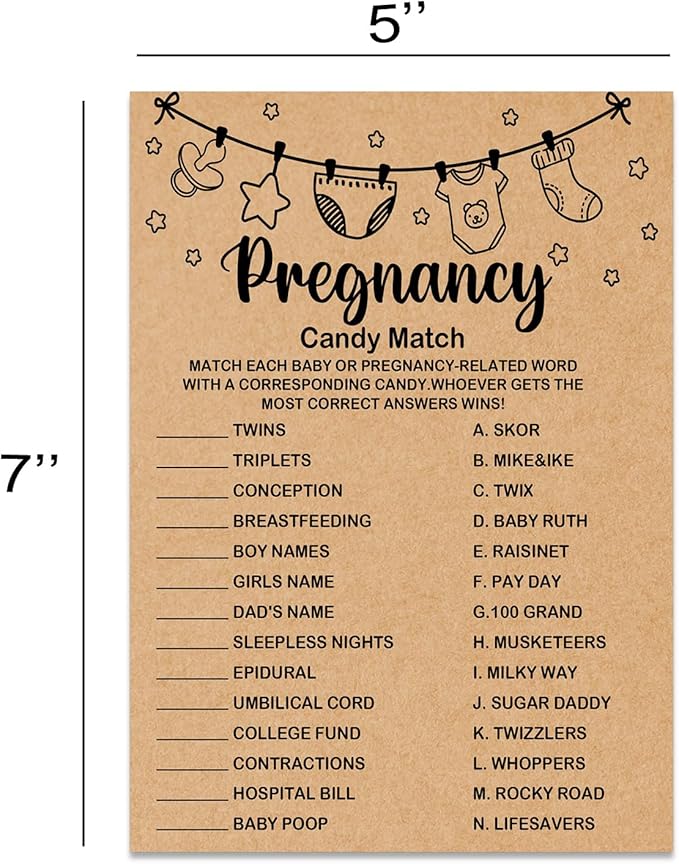 Baby Shower Game, Pregnancy Candy Match, 30 Game Cards Included, Kraft, Medium