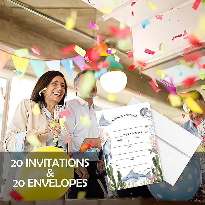 AEHIE 20 Sets Under the Sea Birthday Party Invitations With Envelopes, Sea Creatures Whale Turtle Shark Jellyfish Double-sided Printed Birthday Party Invite Cards for Kids & Adults