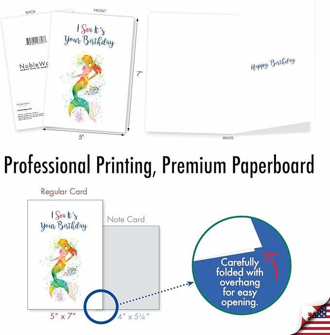 The Best Card Company - 1 Fun Birthday Greeting Card - Mythical Bday Notecard with Envelope - Funky Rainbow Mermaids C6863GBDG
