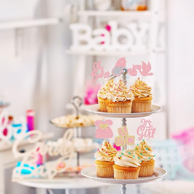 24Pcs Baby Shower Oh Baby Cupcake Toppers with Bow Dress Bottle Swan Pink Glitter It's a Girl Cake Picks Decorations for Baby Shower Gender Reveal Girls Birthday Party Supplies