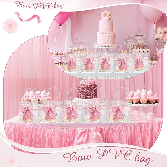 12 Pcs Pink Bow Clear PVC Gift Bag with Handle, 5. 91 x 6. 3 x 2. 76 Inches Pink Coquette Bowknot Tote Bag for Bachelorette Bridal Baby Shower Wedding Birthday Party Favor
