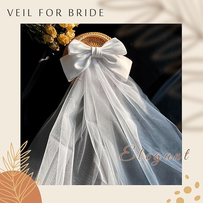 Bridal Veil Bachelorette Party Veil White Bow Wedding Veil Elegant Tulle Layer Hair Clip for Women and Girls