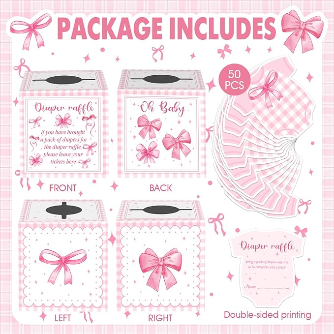 Pink Bow Baby Shower Decorations, Pink Bow Diaper Raffle Box for Baby Shower with 50PCS Cards Kids' Party Centerpieces, Baby Shower Game for Girl Baby Shower Decorations for Girl