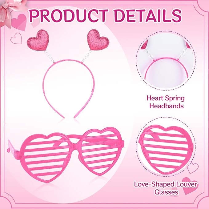24 Pcs Valentines Heart Head Boppers Headbands and Heart Shape Sunglasses Party Supplies