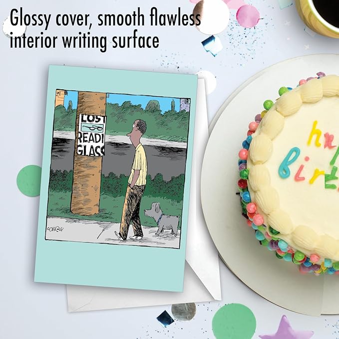 NobleWorks - 1 Humor Birthday Card with Envelope - Funny Cartoons for Birthday Greetings, Celebration Notecard - Lost Reading Glasses C3277BDG