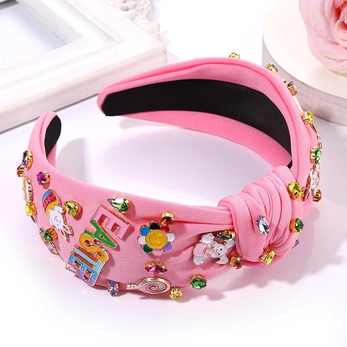 Easter Headband Spring Accessories for Women Easter Egg Bunny Knotted Headband Colorful Crystal Top Knot Headbands Spring Hair Accessories Gifts (EASTER-Pink)
