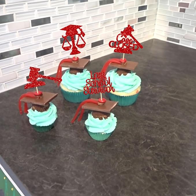 Gyufise 24Pcs 2026 Lawyer Graduation Cupcake Toppers Red Glitter Class Of 2026 Lawyer Grad Case Closed Cake Toppers Cap Diploma Cupcake Picks 2026 Graduation Theme Party Cake Decorations Supplies