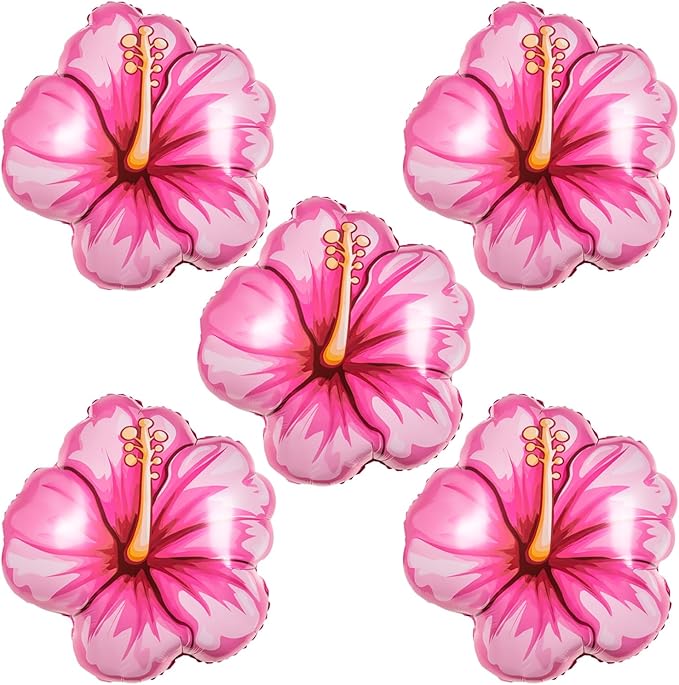5Pcs Tropical Hibiscus Foil Balloons, Pink Hibiscus Flowers Balloon for Magic Theme Summer Hawaiian Luau Aloha Birthday Party Decorations