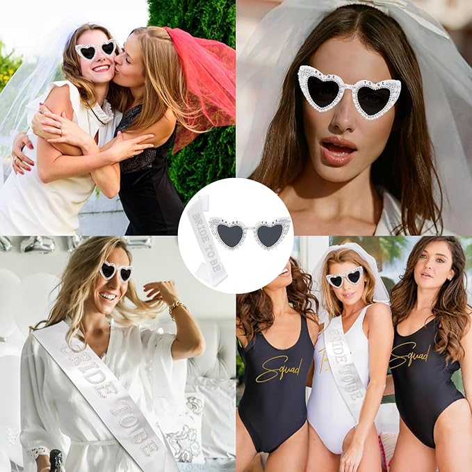 Bride to Be Sunglasses & Bride to Be Sash Set - White Satin Sash with Rhinestone Lettering & Pearl-Embellished Sunglasses for Bachelorette Party, Bridal Shower & Wedding Celebrations