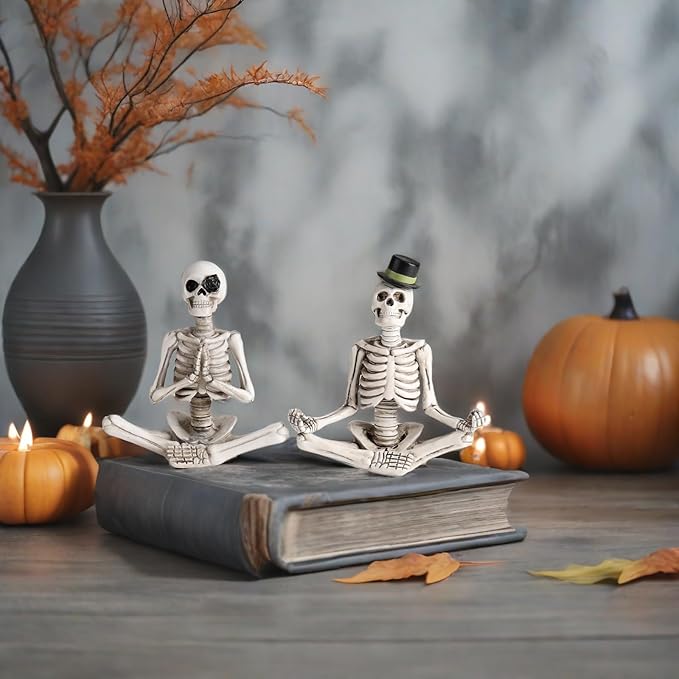 Halloween Decorations Indoor, Gothic Skeleton Couple Decor for Home & Office, 2 Pack Small Resin Skull Figurines, Spooky Tabletop Sculptures for Desk, Bookshelf, Haunted House