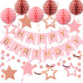 meowtastic Birthday Decorations, Happy Birthday Banner with Honeycomb Ball, Star Hanging Swirl Streamer, Circle Dot Garland, Happy Birthday Party Decoration for Women Men Boy Girls (Rose Gold & Pink)