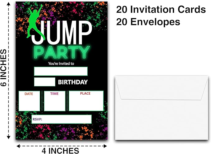 DETIHO 4" x 6" Jump Theme Birthday Party Invitation Cards With Envelopes - Trampoline Park Bounce House Party Invitation - 20 Sets - E33