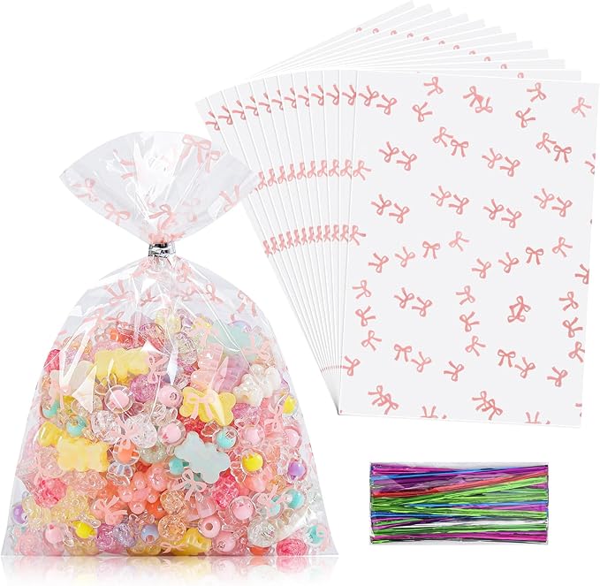 SOMIOCO Clear 5x7in 100PCS Cello Cellophane Treat Bags - Pink Candy Cookie Bags with Twist Tie for Birthday, Baby Shower, Wedding, Party (Bow Pattern)