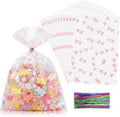 SOMIOCO Clear 5x7in 100PCS Cello Cellophane Treat Bags - Pink Candy Cookie Bags with Twist Tie for Birthday, Baby Shower, Wedding, Party (Bow Pattern)