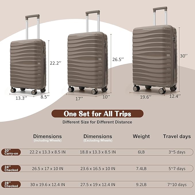 Hardside Luggage Sets, Lightweight Wave Suitcase with Spinner Wheels, PP Brown