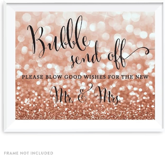 Andaz Press Wedding Party Signs, Glitzy Rose Gold Glitter, 8.5x11-inch, Bubble Send Off Please Blow Good Wishes for the New Mr. & Mrs. Sign, 1-Pack, Bokeh Colored Party Supplies