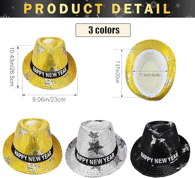 9 Pack New Year Hat Fedora Hats New Years Hats New Year Eve Sequin Hat Gold Black Silver Happy New Year Hat for Adults Men and Women Christmas New Year Party Decorations