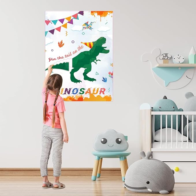 T-Antrix Pin The Tail on The Dinosaur Game -Dinosaur Party Games for Kids Boys with 21'' x 28'' Poster, Reusable Tails Party Supplies for Kids Girls Birthday Party Favor Sets