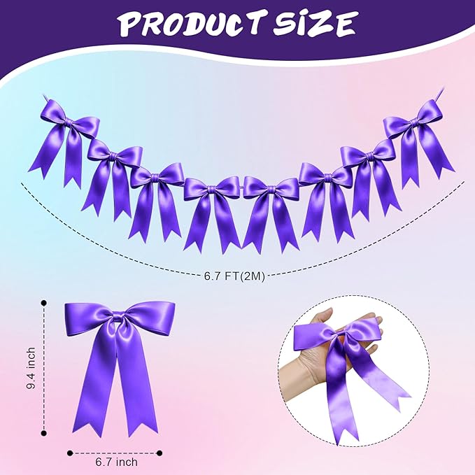 2 Strings of 16PCS Purple Bow Garlands Banner Decoration,Pre-Strung Satin Ribbon Ornaments for Birthday,Bachelorette Party,Bridal Shower,Wedding,Engagement,Baby Shower,Graduation Decor,Anniversary