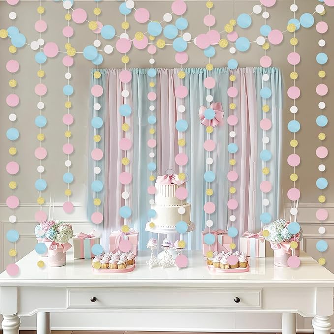 Outus 10 Pieces Pink,Blue,Gold,White Round Dots Garland Easter Graduation Party Hanging Decor Each Length 13.1ft Glitter Paper Dot Streamers for Birthday Wedding Classroom