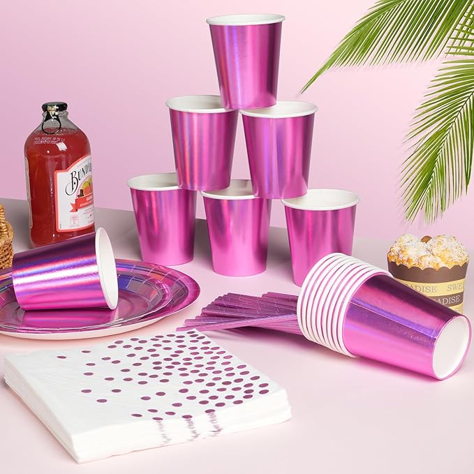 Iridescent Pink Party Supplies Decorations Serve100, Hot Pink Holographic Paper Plates and Napkins Set, Disposable Pink Paper Plates Cups Knives Spoons Fork for Mermaid Disco Kpop Birthday Party Decor