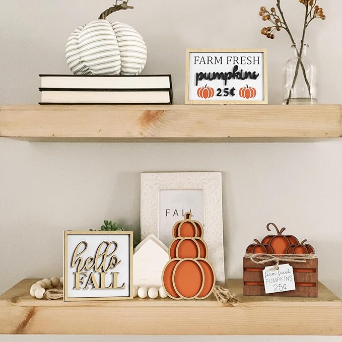 DAZONGE Fall Decor, 5PCS Fall Decorations for Home, Hello Sign, Stacked Pumpkin, Farm Fresh, Pumpkin Crate, Bead Garland, Rustic Tiered Tray Decor
