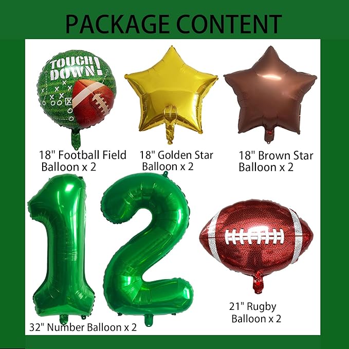 Football Balloons Foil Football Birthday Decorations Balloons Green Number 12 Balloon Gold Brown Star Touchdown Ballons for Rugby Birthday Decorations Sports Ballons Arch Kits Party Balloon Sets 10pcs