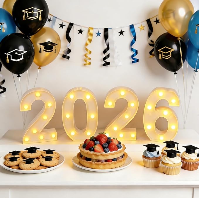 2026 LED Marquee Light Up Numbers, 4 LED Marquee Numbers for New Year Decorations 2026 graduation decorations，Class of 2026 Graduation Decorations Sign for Kindergarten Preschool High School College Wall Table Decor Party Supplies