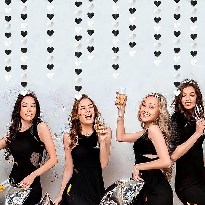 Black White-Silver Party-Decoration Heart Garland - 52ft 21st Men Birthday New Years Eve Hanging Backdrop Streamers,Graduation Engagement Wedding Bachelorette Banner Supplies Decor Lasting Surprise