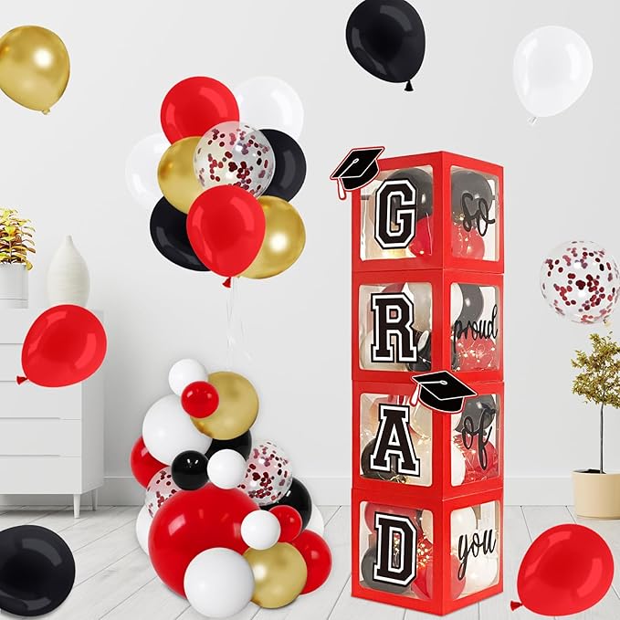 DAZONGE Graduation Decorations 2026, Set of 4 Red Grad Balloon Boxes with 139pcs Balloon Arch Garland Kit & 4 Light Strings - So Proud of You 2026 Graduation Decorations for Any Grades