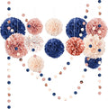 AOBKIAT Rose Gold and Navy Blue Party Decorations Set,Tissue Paper Pom Poms,Paper Garland for Women Engagement Anniversary,30th,40th,50th,60th,Birthday Party Supplies