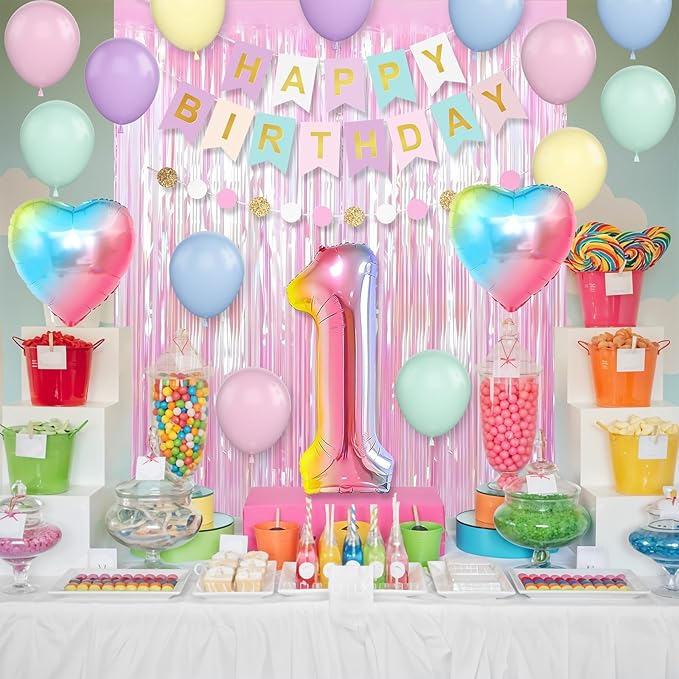 1st Birthday Decorations Rainbow,Gradient Number 1 Balloon,Pastel Happy Birthday Banner Fringe Curtain Heart Foil Balloons Boys Girls First Birthday Decor
