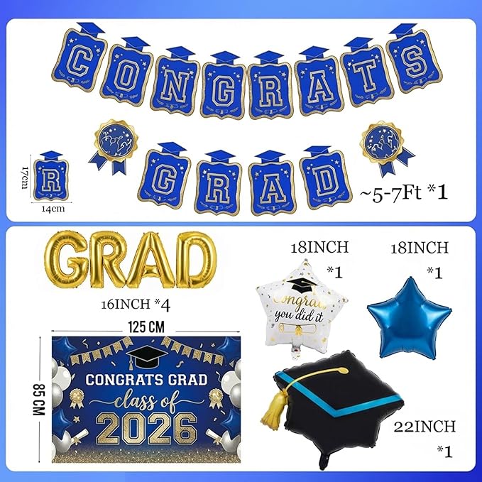 Royal blue Gold Balloons GRAD Print Balloons with Banner Table Honeycomb Centerpieces Hanging Swirl backdrop Stars Graduation Cap GRAD Letters Mylar Balloons for 2026 graduate Prom Decorations