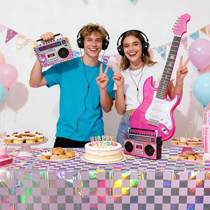 3-Pack Vibrant Pink Checkered Tablecloths, Holographic Glittering Disposable Plastic Tablecloths, 54 Inches x 108 Inches, Suitable for Picnics, Birthday Parties, Racing Theme Decorations