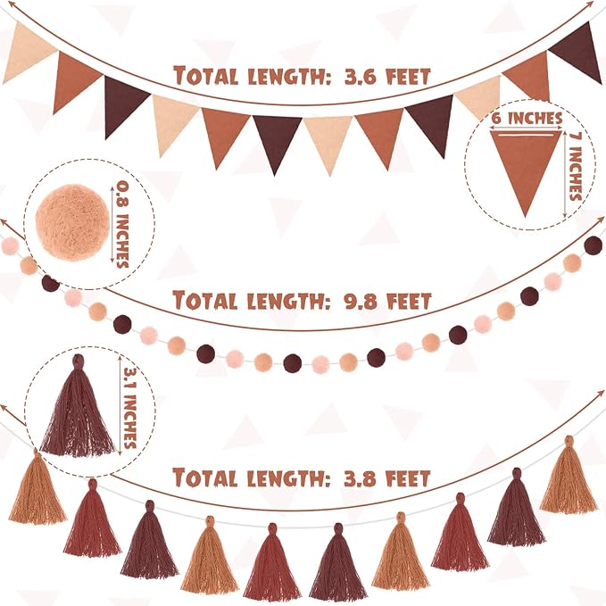 Irenare 9.8ft Pom Pom Garland Felt Rainbow Garland Graduation Party Decoration Colorful Pennant Tassel Banner Birthday Baby Shower Triangle Banner for Classroom School Mantel Fireplace(Gradient Brown)