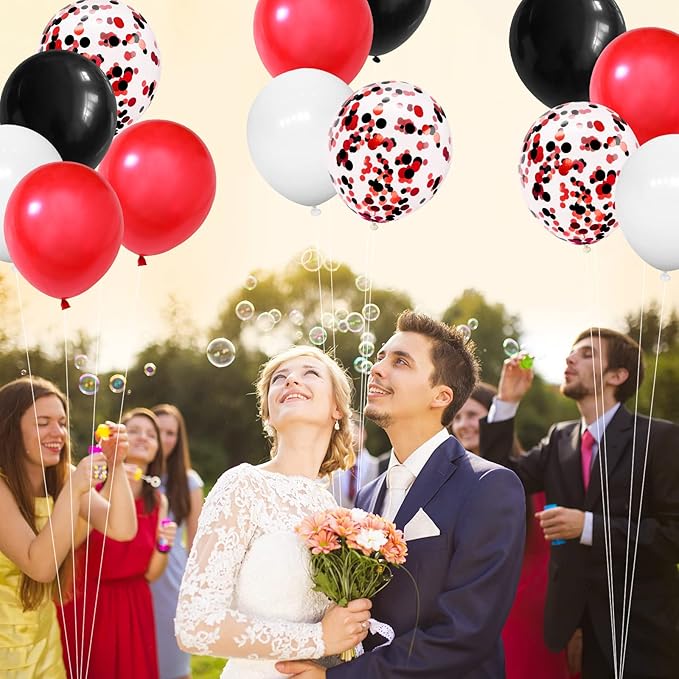 130PCS Red Black White Balloon Garland Arch Kit, 12 10 5 inch Red and Black White Balloons with Confetti Balloons, Latex Party Balloons for Baby Shower Wedding Circus BBQ Casino Poker Cars Decoration